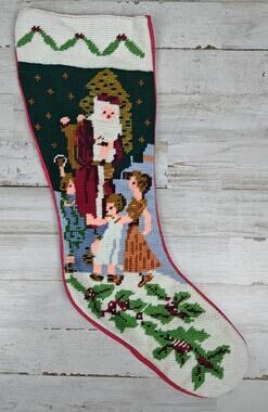 Vintage Needlepoint Christmas Stocking Old World Santa And Children Handmade
